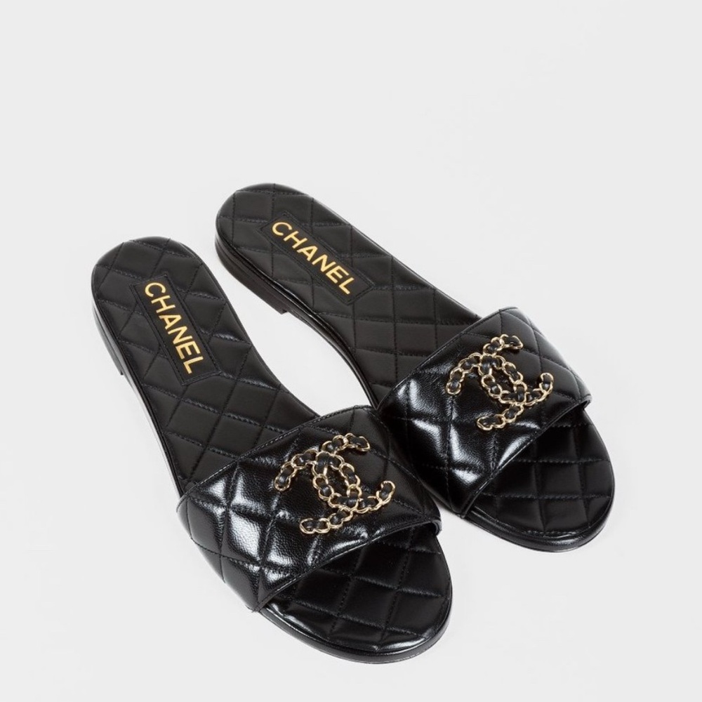 Chanel Black Quilted CC Slide Sandals